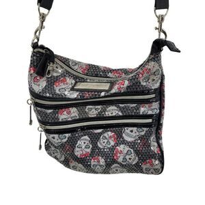 Betsy Johnson Silver Black Sequin Skull Multi Zipper Shoulder Crossbody Bag